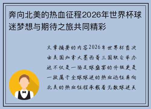 奔向北美的热血征程2026年世界杯球迷梦想与期待之旅共同精彩