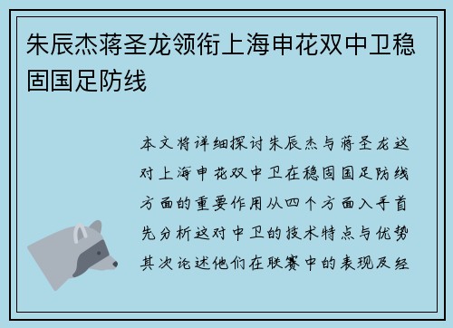 朱辰杰蒋圣龙领衔上海申花双中卫稳固国足防线